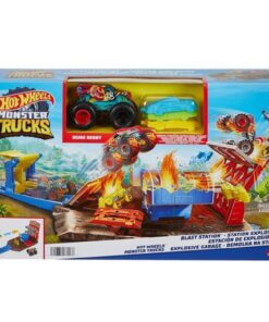 Hot Wheels Monster Trucks-Explosive Garage Spielset mit HW Demo Derby und kaputtgehenden Autos
